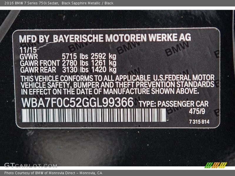 2016 7 Series 750i Sedan Black Sapphire Metallic Color Code 475