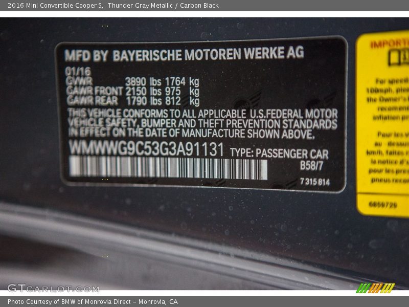 2016 Convertible Cooper S Thunder Gray Metallic Color Code B58