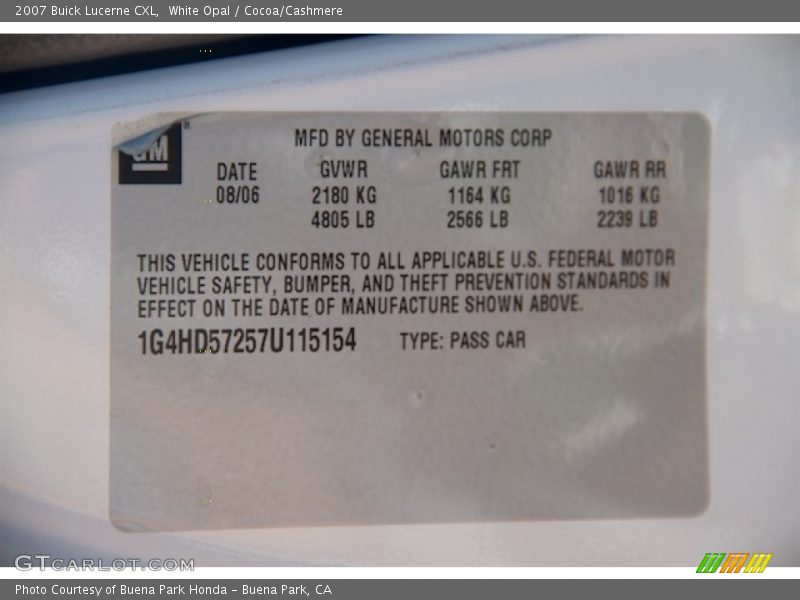 White Opal / Cocoa/Cashmere 2007 Buick Lucerne CXL