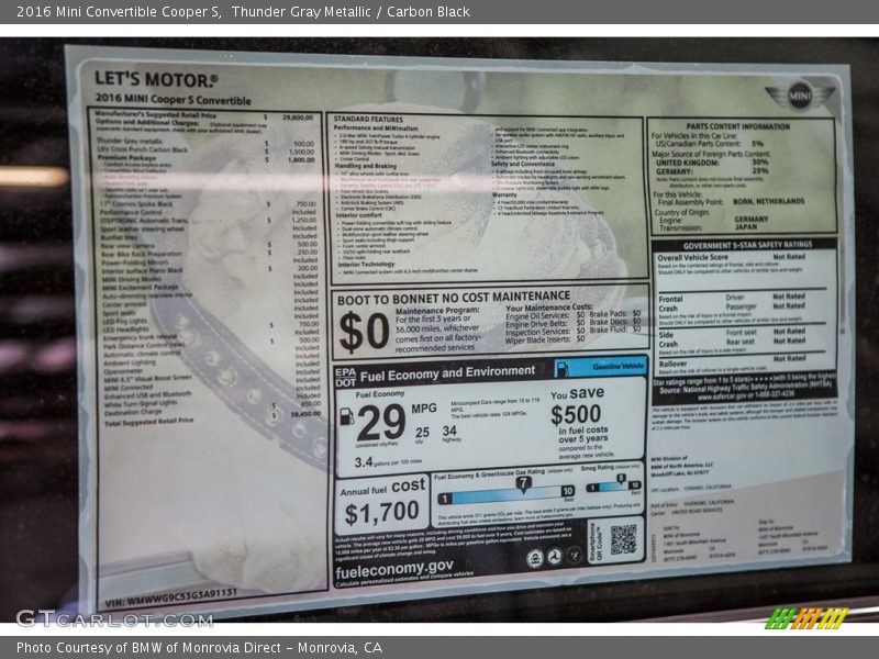  2016 Convertible Cooper S Window Sticker