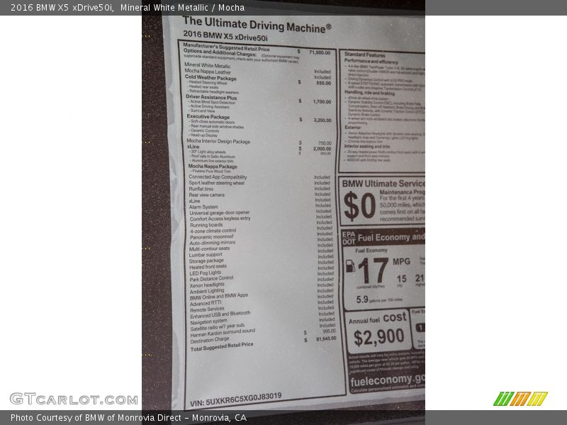  2016 X5 xDrive50i Window Sticker