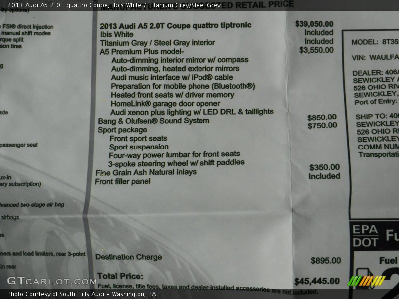 Ibis White / Titanium Grey/Steel Grey 2013 Audi A5 2.0T quattro Coupe