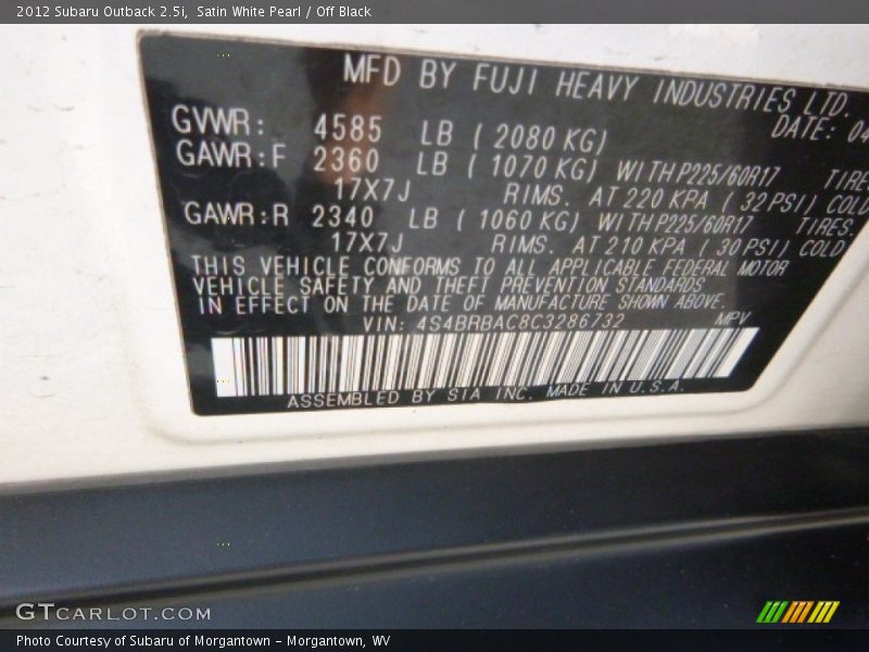 Satin White Pearl / Off Black 2012 Subaru Outback 2.5i