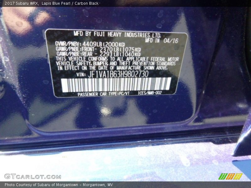 Lapis Blue Pearl / Carbon Black 2017 Subaru WRX