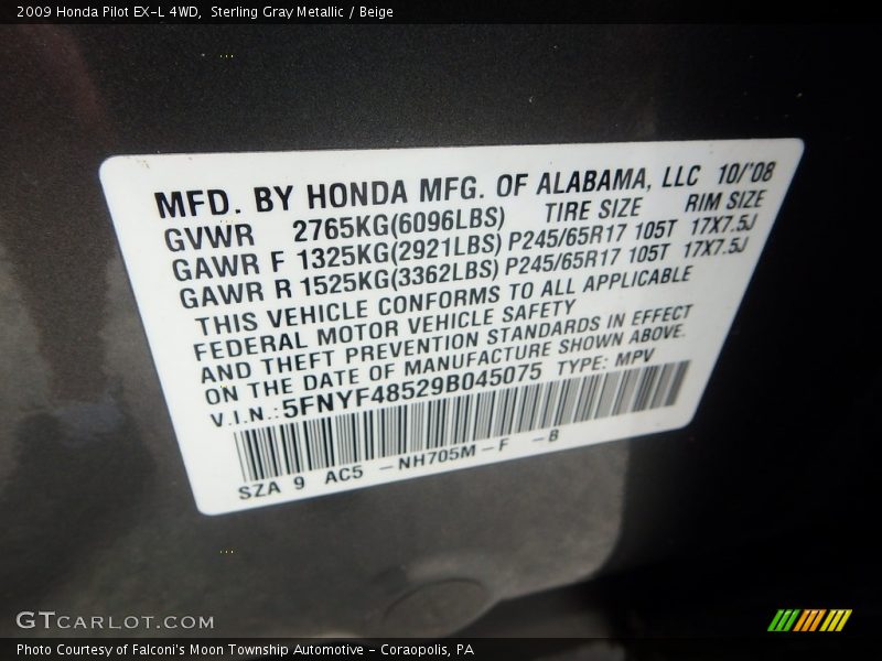 Sterling Gray Metallic / Beige 2009 Honda Pilot EX-L 4WD
