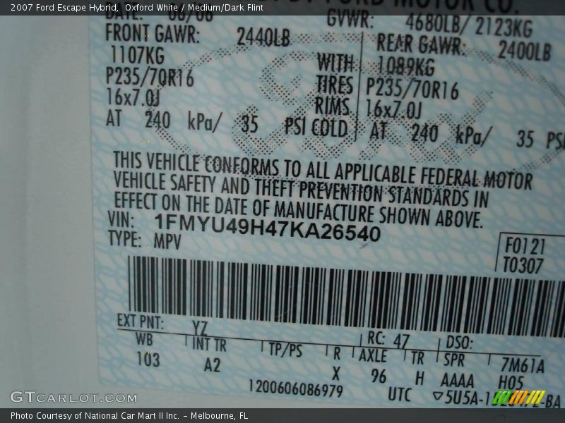 Oxford White / Medium/Dark Flint 2007 Ford Escape Hybrid