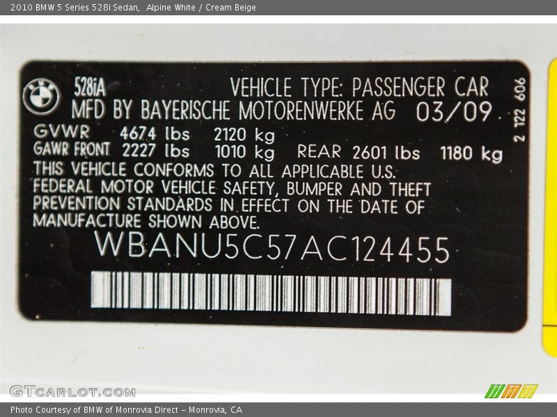 Alpine White / Cream Beige 2010 BMW 5 Series 528i Sedan