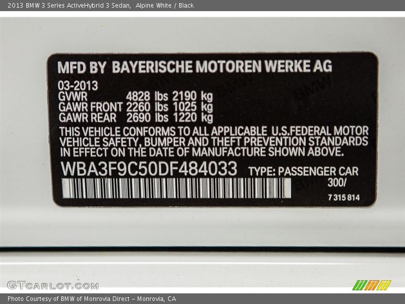 Alpine White / Black 2013 BMW 3 Series ActiveHybrid 3 Sedan