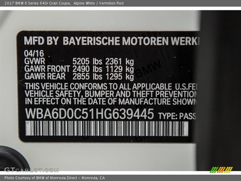 Alpine White / Vermilion Red 2017 BMW 6 Series 640i Gran Coupe