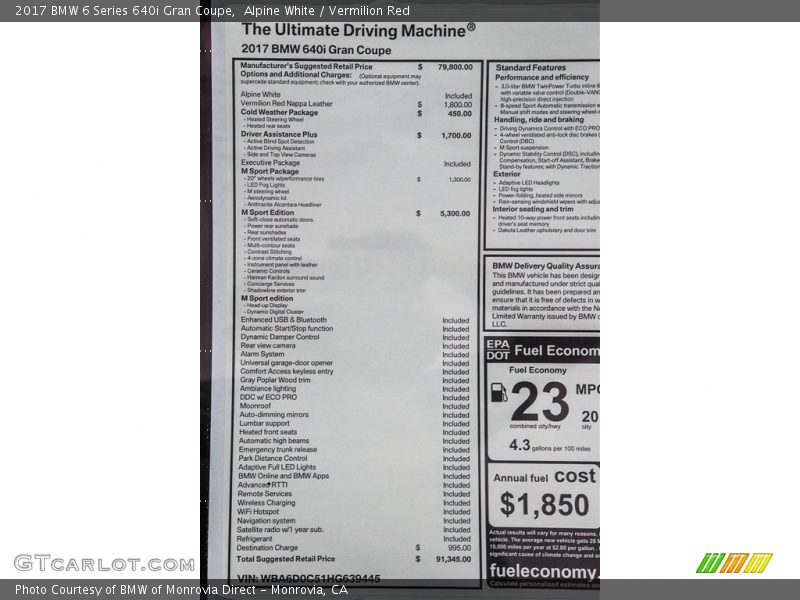  2017 6 Series 640i Gran Coupe Window Sticker