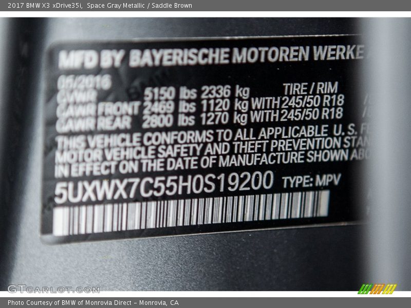 Space Gray Metallic / Saddle Brown 2017 BMW X3 xDrive35i
