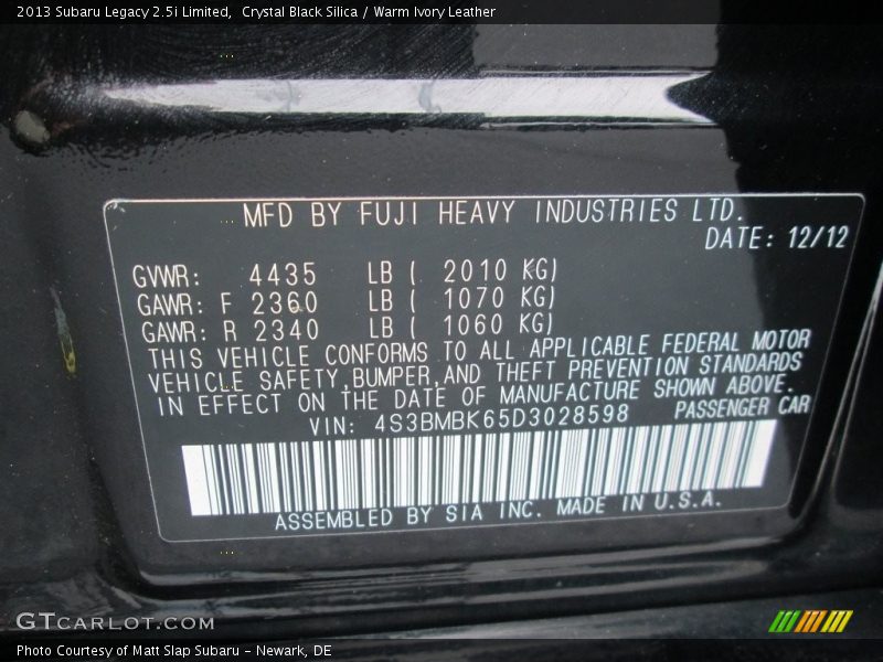Crystal Black Silica / Warm Ivory Leather 2013 Subaru Legacy 2.5i Limited