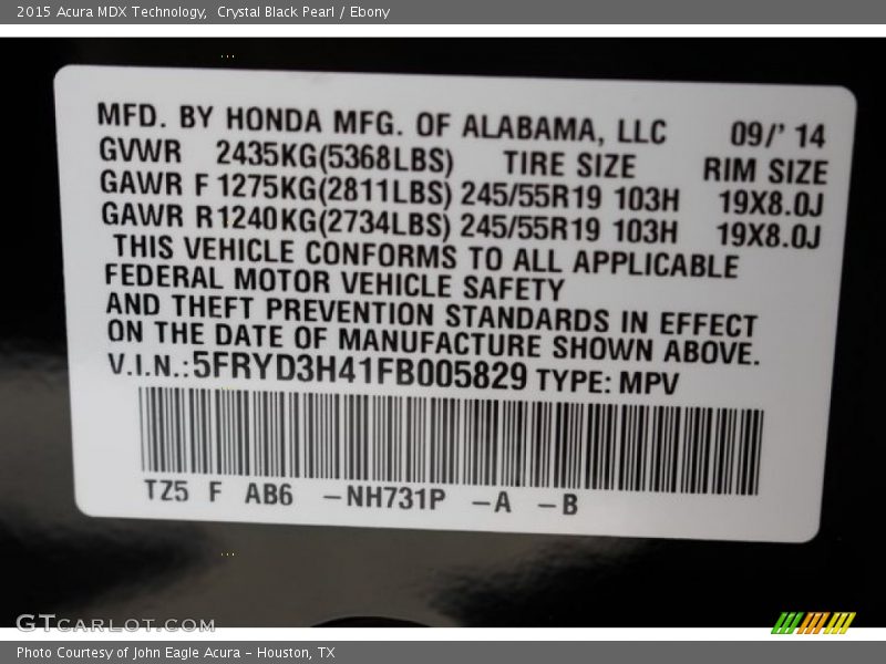 Crystal Black Pearl / Ebony 2015 Acura MDX Technology