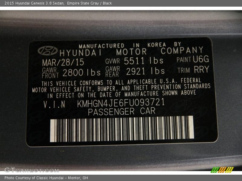 Empire State Gray / Black 2015 Hyundai Genesis 3.8 Sedan