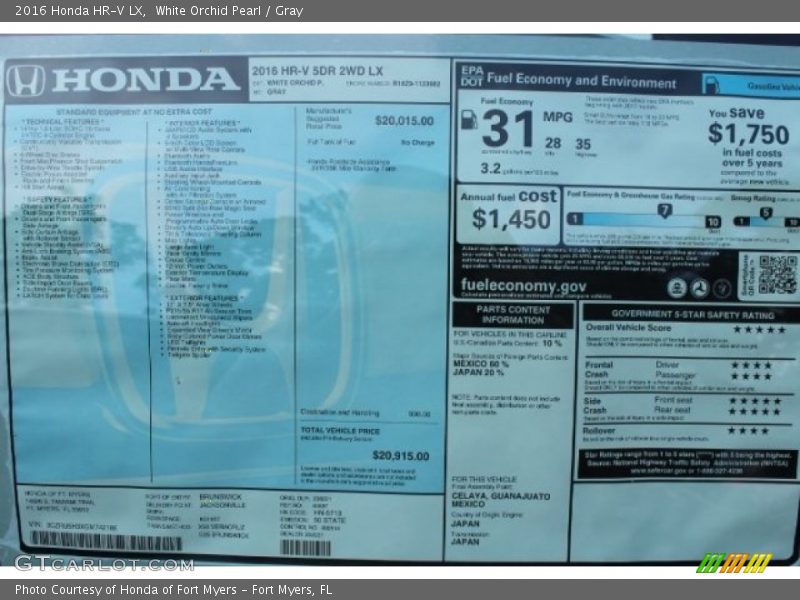 White Orchid Pearl / Gray 2016 Honda HR-V LX