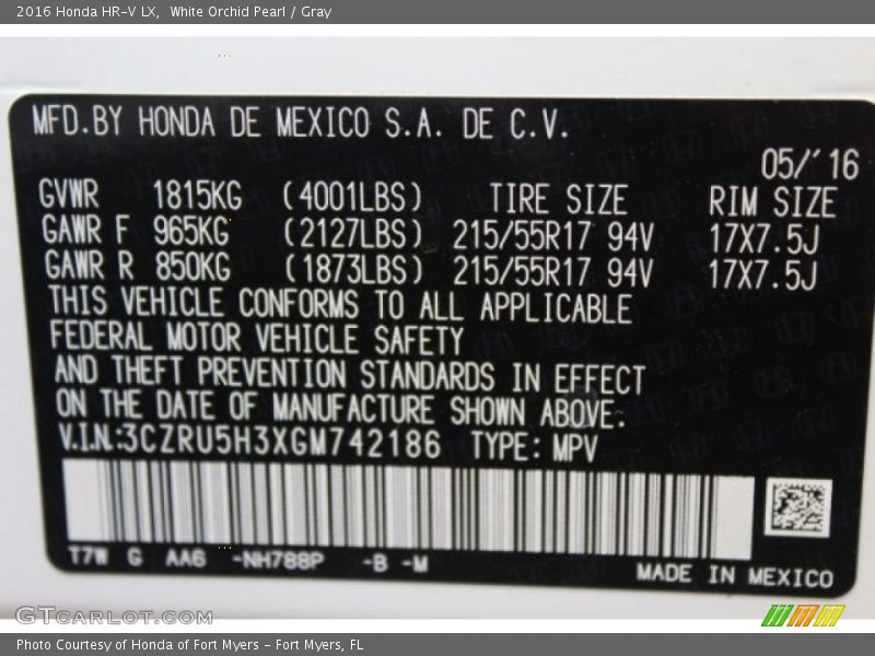 White Orchid Pearl / Gray 2016 Honda HR-V LX