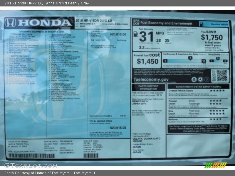 White Orchid Pearl / Gray 2016 Honda HR-V LX