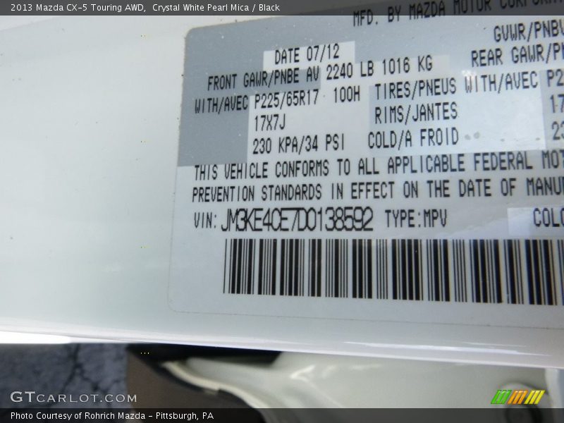 Crystal White Pearl Mica / Black 2013 Mazda CX-5 Touring AWD