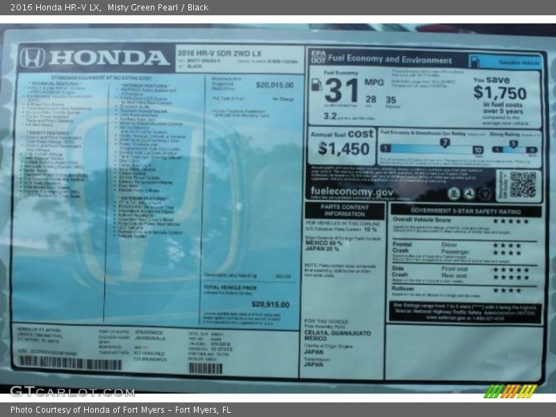 Misty Green Pearl / Black 2016 Honda HR-V LX