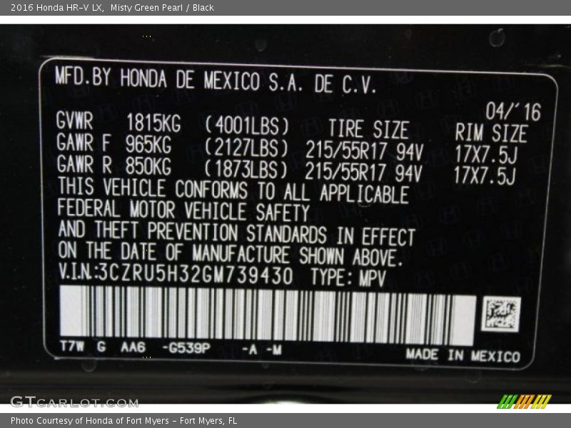 Misty Green Pearl / Black 2016 Honda HR-V LX
