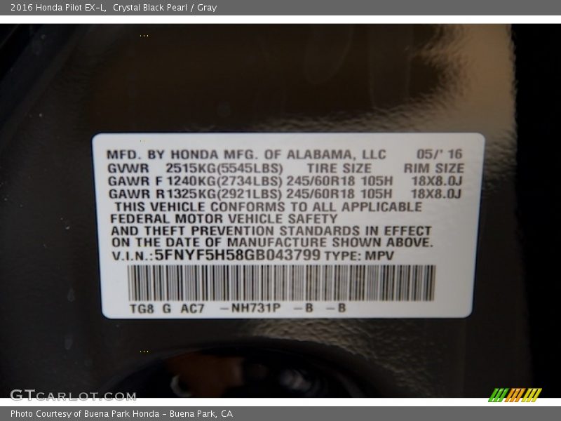 Crystal Black Pearl / Gray 2016 Honda Pilot EX-L