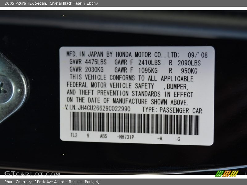 Crystal Black Pearl / Ebony 2009 Acura TSX Sedan
