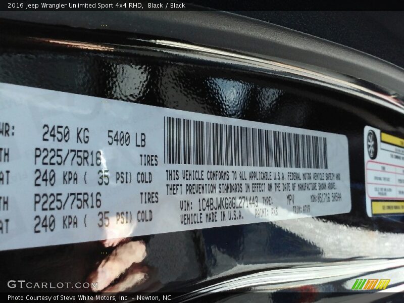 Black / Black 2016 Jeep Wrangler Unlimited Sport 4x4 RHD