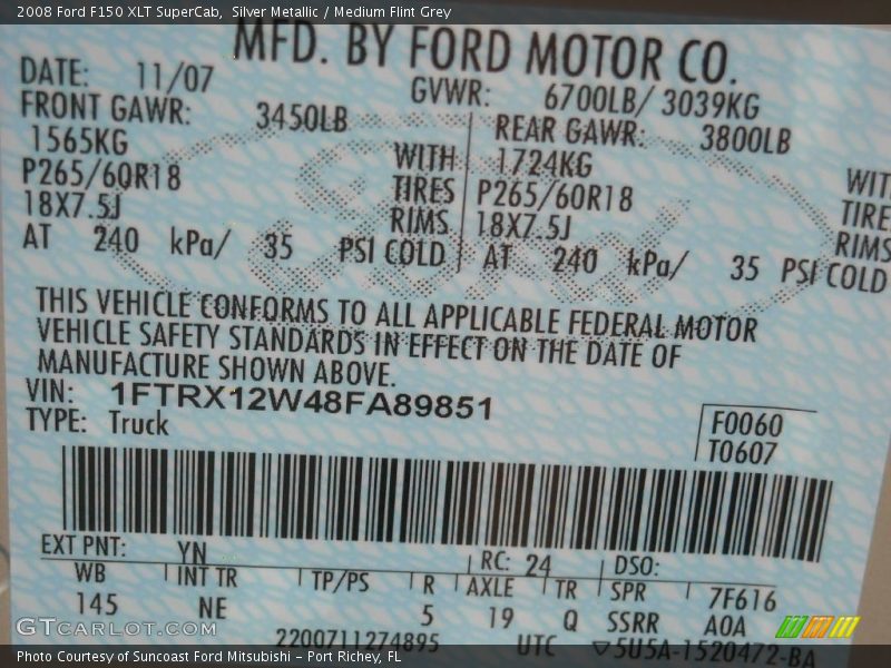 Silver Metallic / Medium Flint Grey 2008 Ford F150 XLT SuperCab