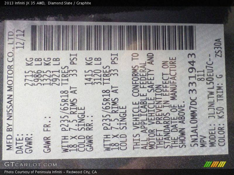 Diamond Slate / Graphite 2013 Infiniti JX 35 AWD