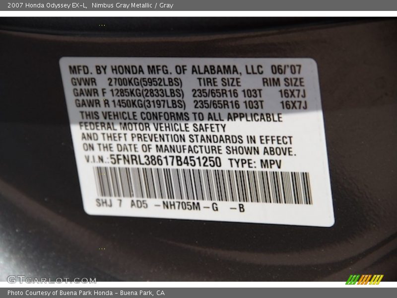 Nimbus Gray Metallic / Gray 2007 Honda Odyssey EX-L