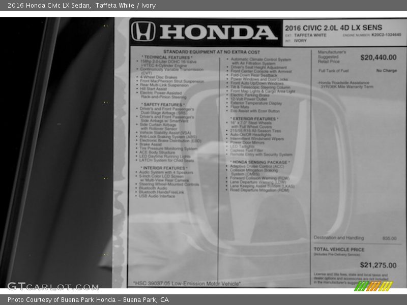 Taffeta White / Ivory 2016 Honda Civic LX Sedan