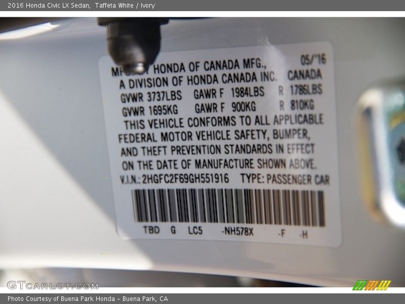2016 Civic LX Sedan Taffeta White Color Code NH578X