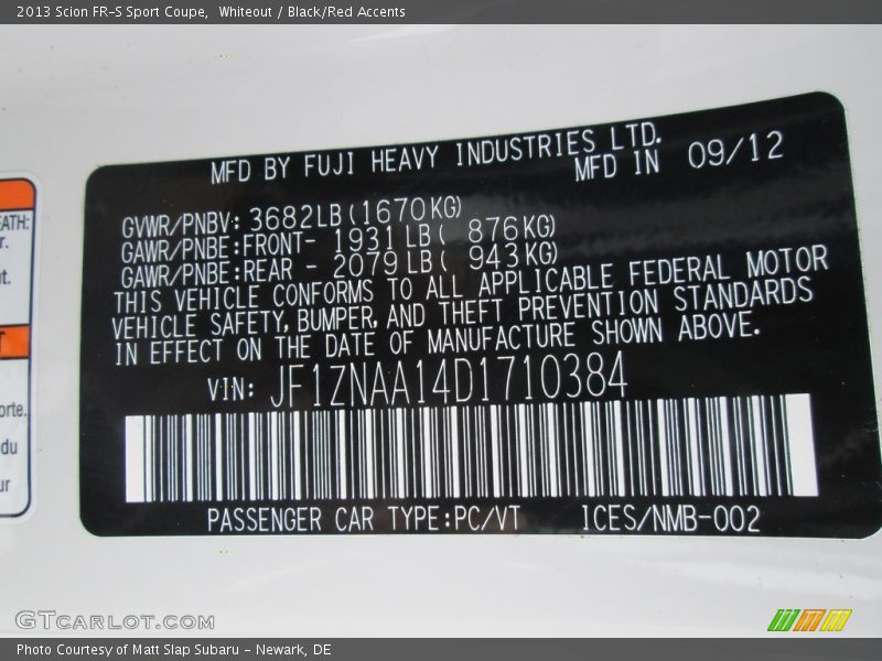 Whiteout / Black/Red Accents 2013 Scion FR-S Sport Coupe