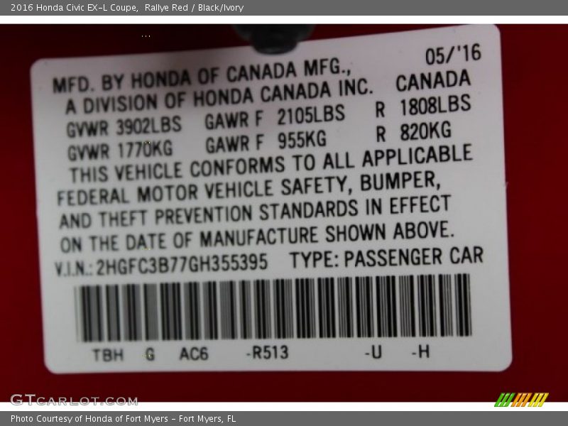 2016 Civic EX-L Coupe Rallye Red Color Code R513