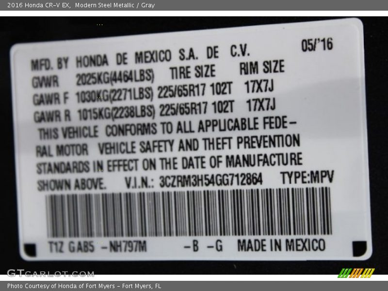 Modern Steel Metallic / Gray 2016 Honda CR-V EX