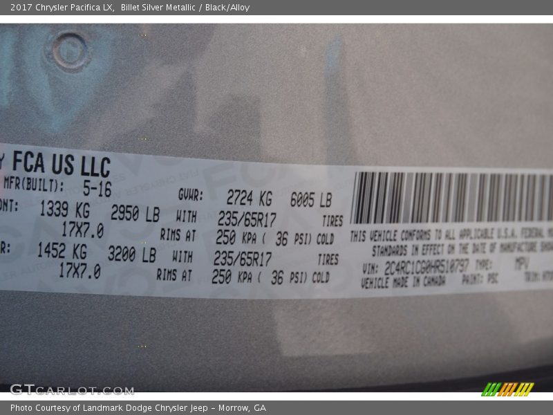 Billet Silver Metallic / Black/Alloy 2017 Chrysler Pacifica LX