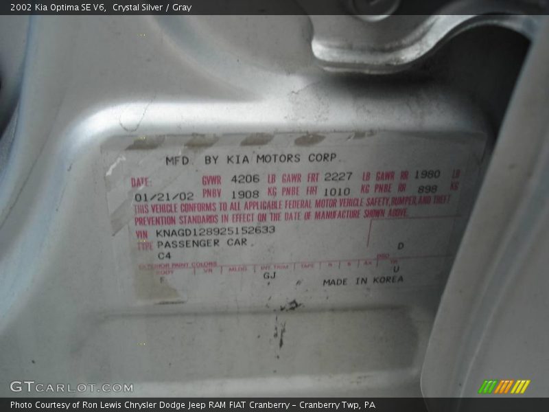 Crystal Silver / Gray 2002 Kia Optima SE V6