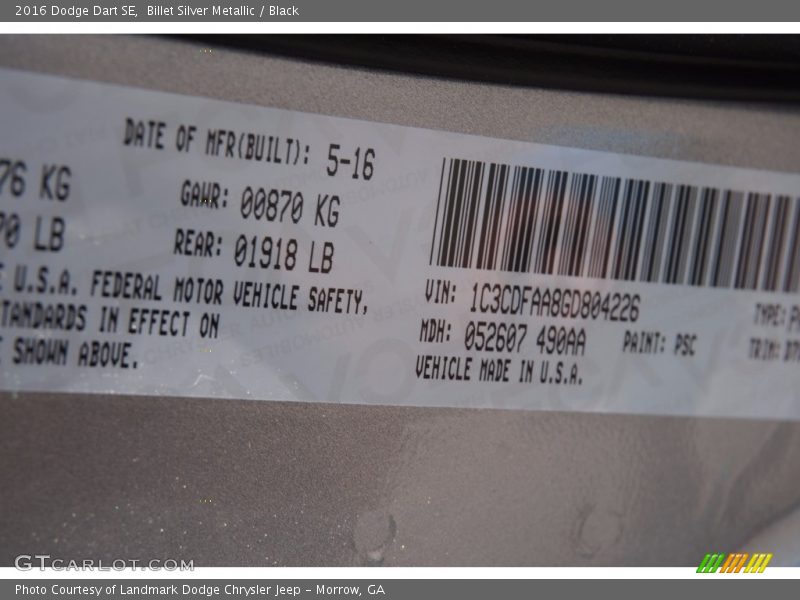 Billet Silver Metallic / Black 2016 Dodge Dart SE