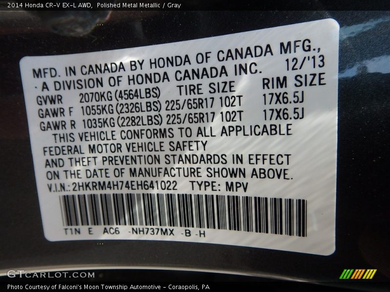 Polished Metal Metallic / Gray 2014 Honda CR-V EX-L AWD
