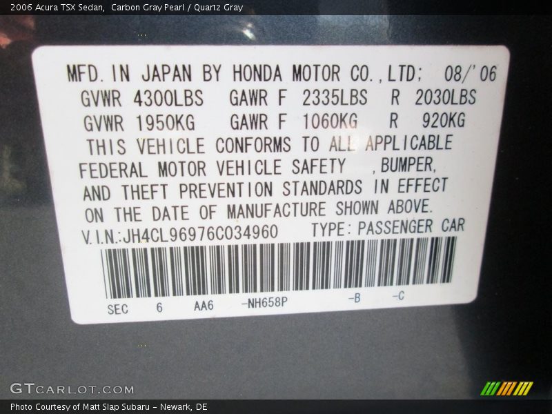 Carbon Gray Pearl / Quartz Gray 2006 Acura TSX Sedan