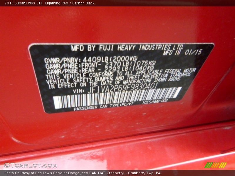 Lightning Red / Carbon Black 2015 Subaru WRX STI