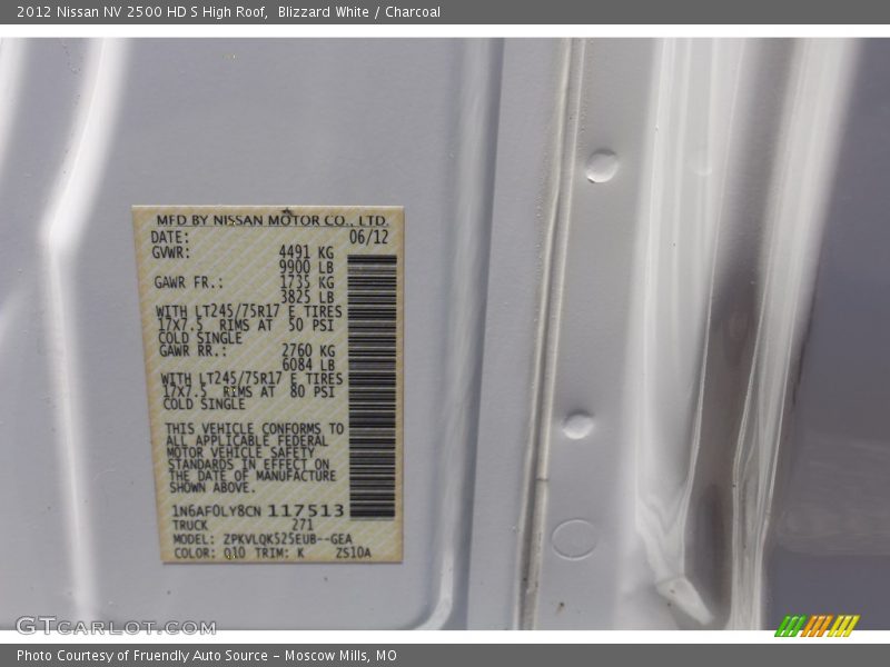 Blizzard White / Charcoal 2012 Nissan NV 2500 HD S High Roof