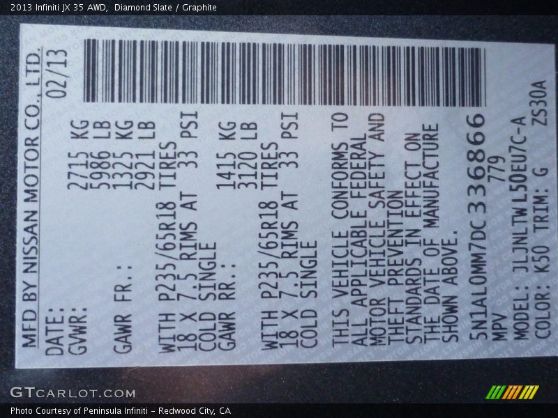 Diamond Slate / Graphite 2013 Infiniti JX 35 AWD