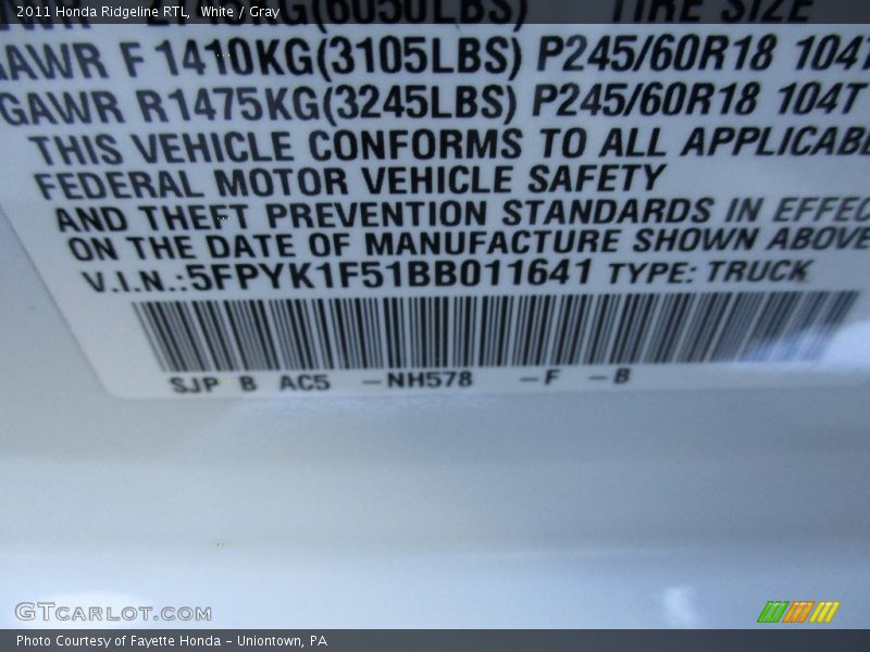 White / Gray 2011 Honda Ridgeline RTL