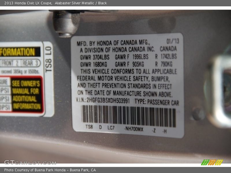 Alabaster Silver Metallic / Black 2013 Honda Civic LX Coupe