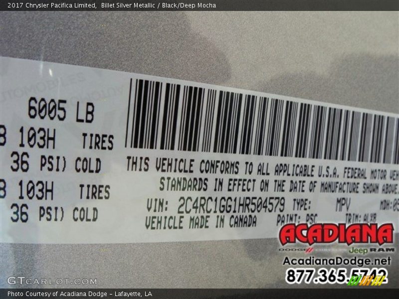 Billet Silver Metallic / Black/Deep Mocha 2017 Chrysler Pacifica Limited