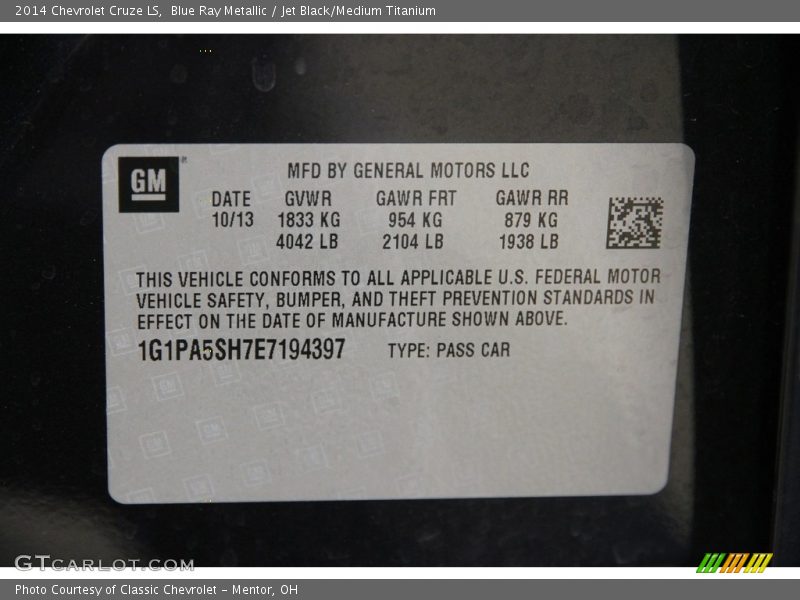 Blue Ray Metallic / Jet Black/Medium Titanium 2014 Chevrolet Cruze LS