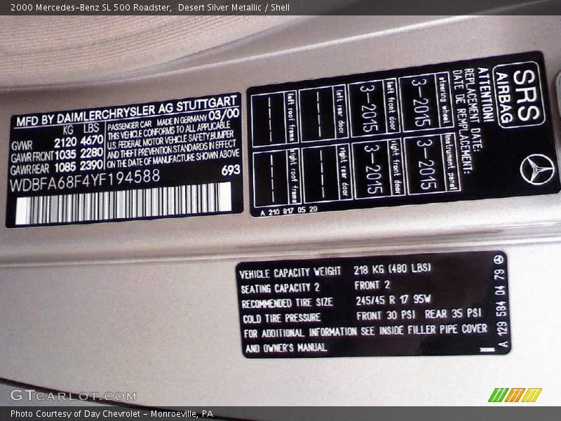 Desert Silver Metallic / Shell 2000 Mercedes-Benz SL 500 Roadster