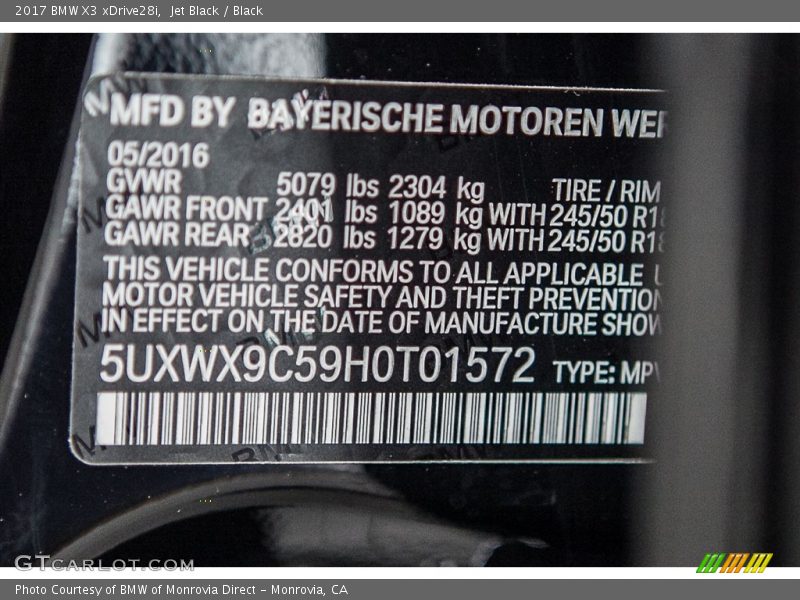 Jet Black / Black 2017 BMW X3 xDrive28i