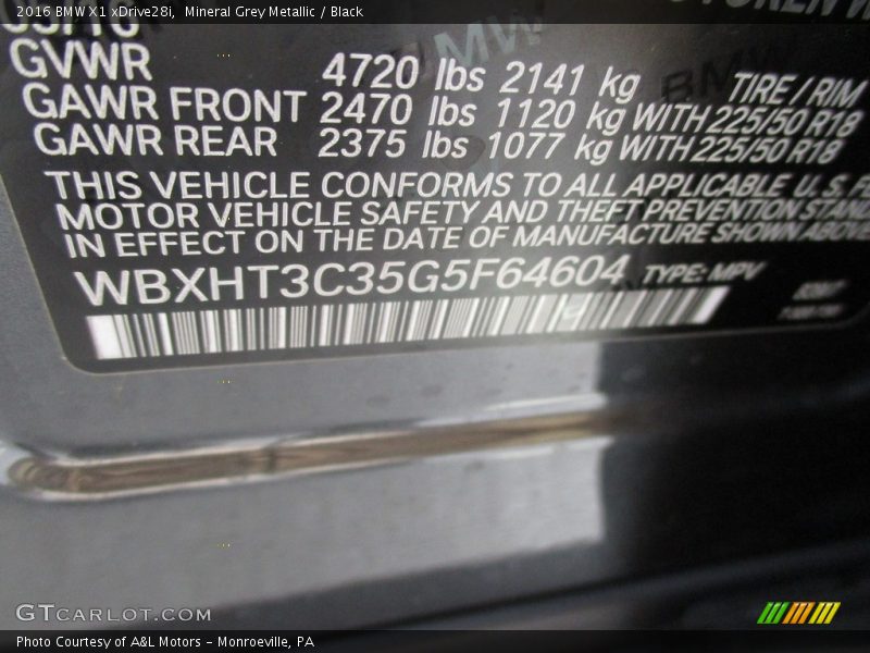 Mineral Grey Metallic / Black 2016 BMW X1 xDrive28i